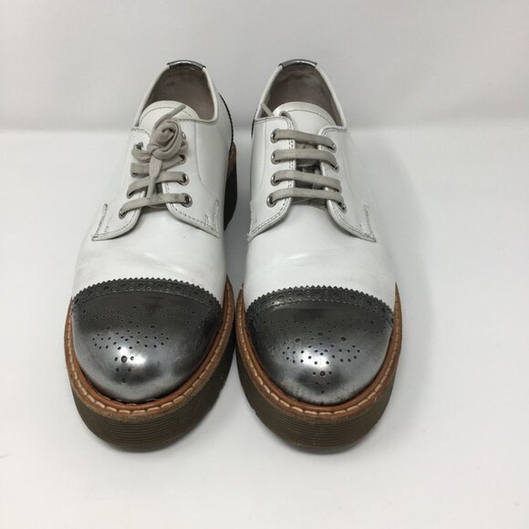 Prada Lace Up Platform Leather Brogue Shoes White leather Silver Toe Womens 39 - Picture 2 of 15